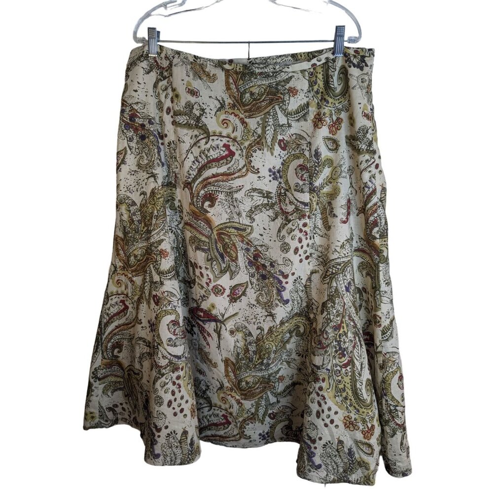 Jones Wear Women's Linen Blend Abstract Paisley Print Retro Look Midi SkirtSz 18